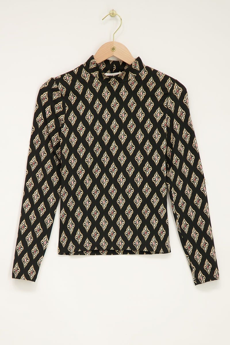 Zwarte top met beige geografische print