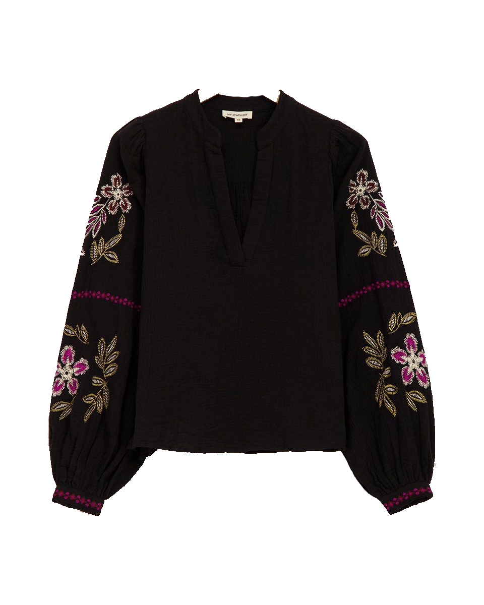 MOUSSELINE BLOUSE MET EMBROIDERY ZWART