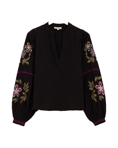 MOUSSELINE BLOUSE MET EMBROIDERY ZWART
