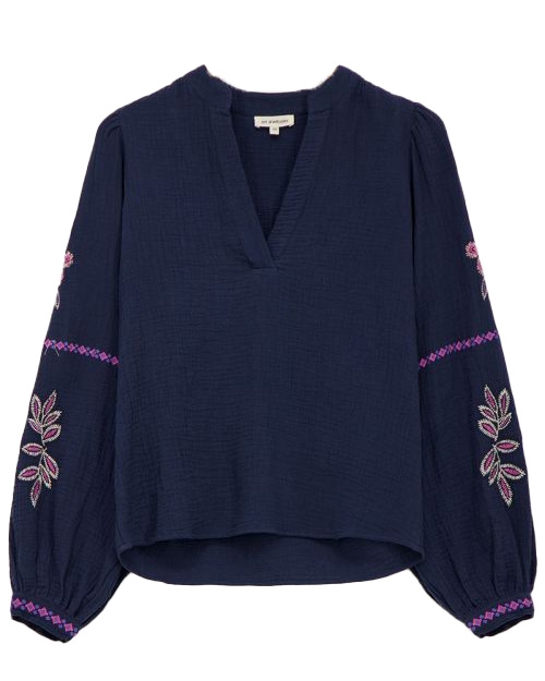 BLOUSE MOUSSELINE MET EMBROIDERY DONKERBLAUW