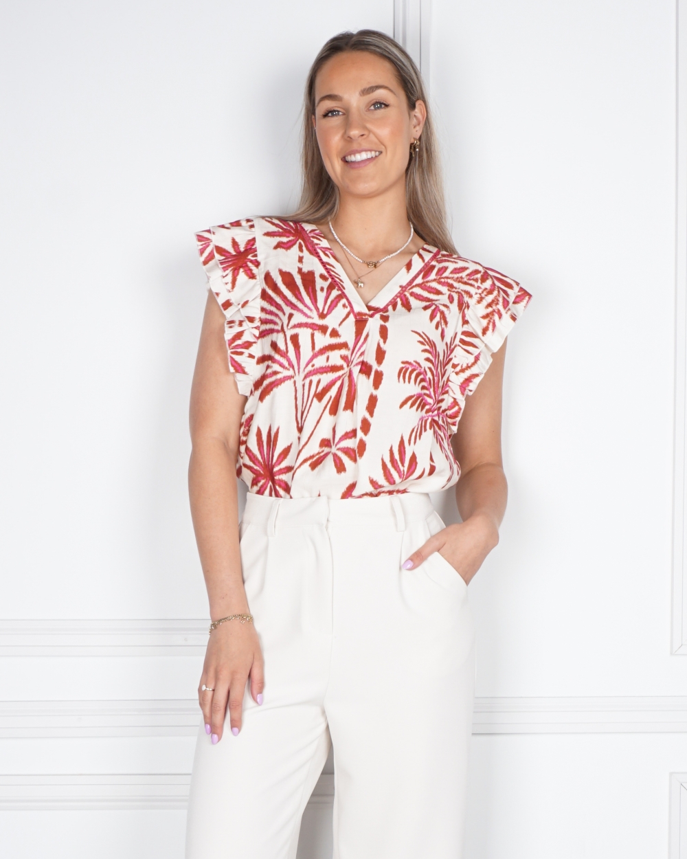 TOP MET PRINT ECRU/ROOD