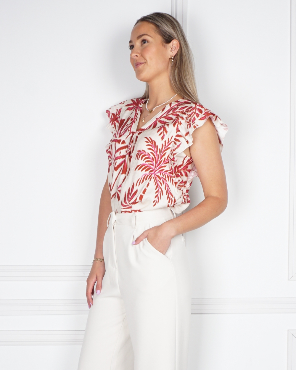 TOP MET PRINT ECRU/ROOD