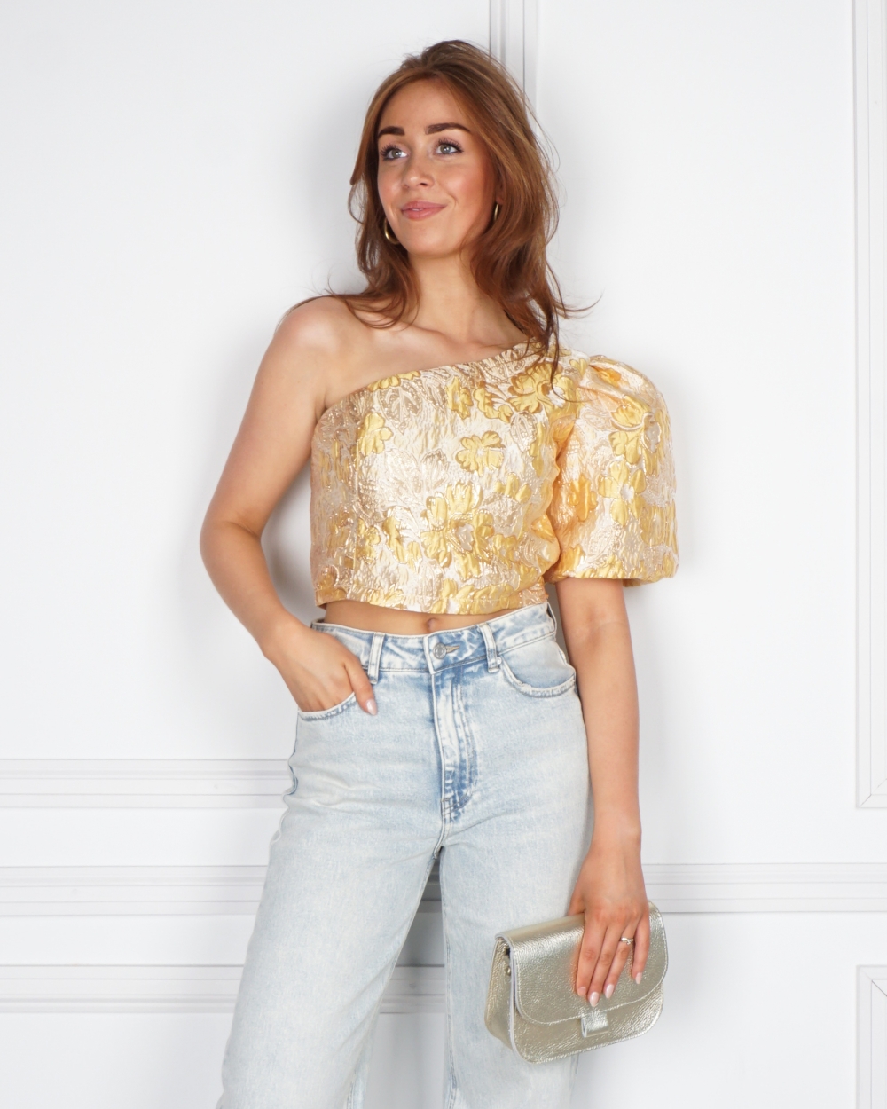 ONE SHOULDER JACQUARD TOP GEEL