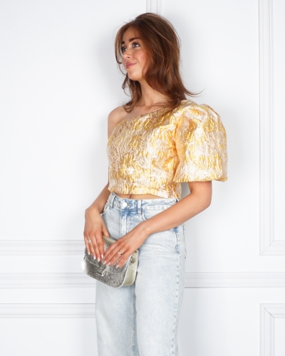 ONE SHOULDER JACQUARD TOP GEEL