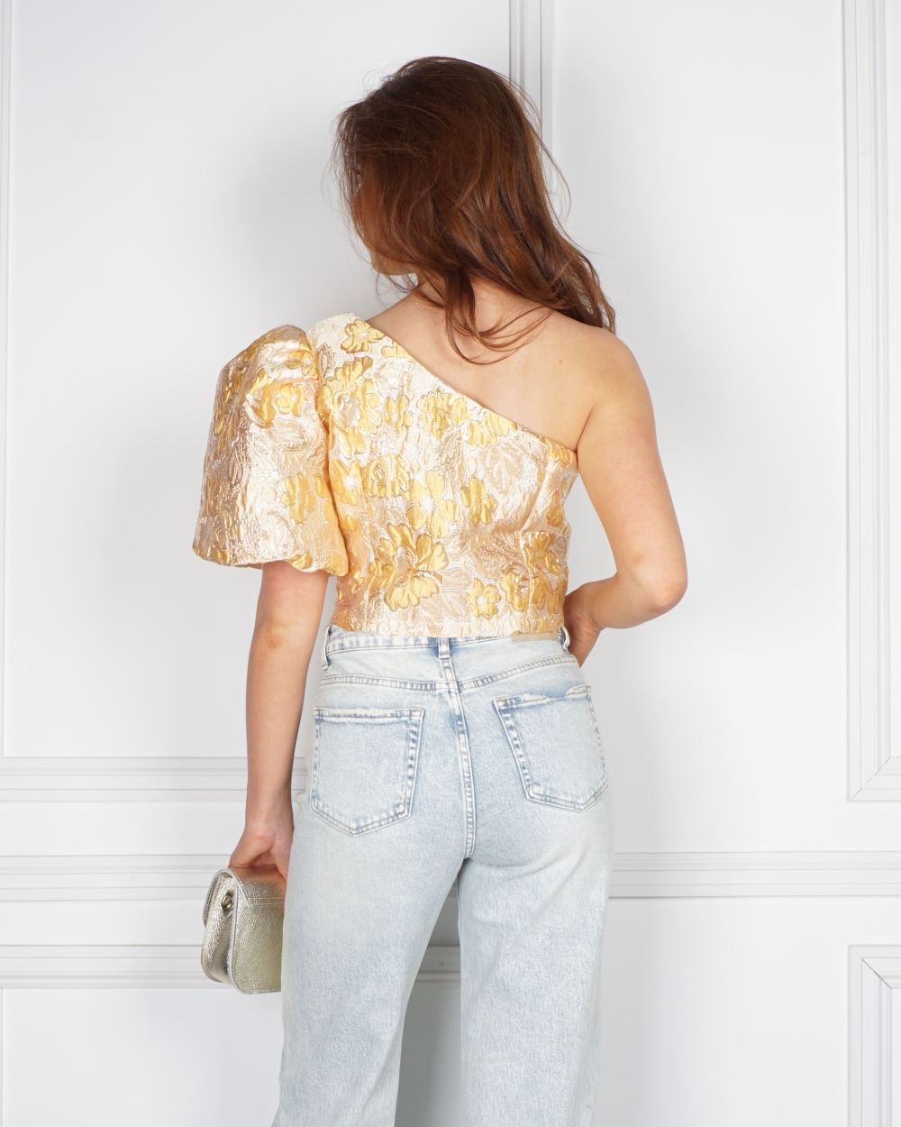 ONE SHOULDER JACQUARD TOP GEEL