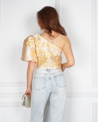 ONE SHOULDER JACQUARD TOP GEEL