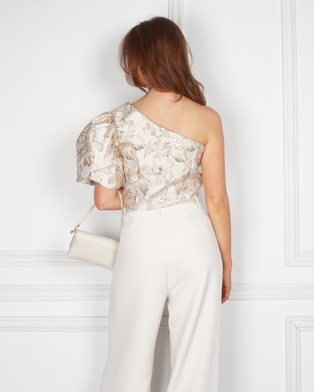ONE SHOULDER JACQUARD TOP BEIGE