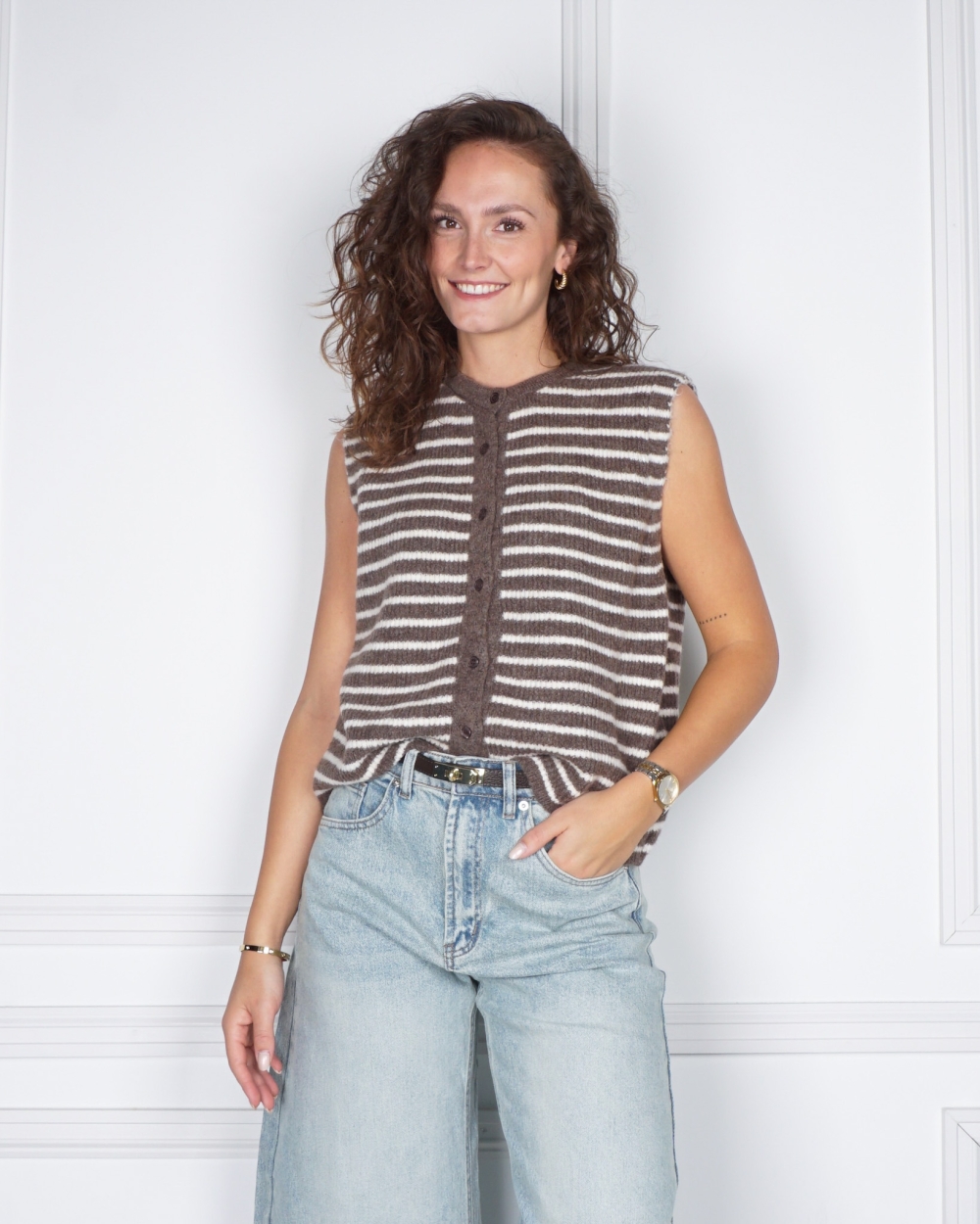 SPENCER VEST BRUIN GESTREEPT