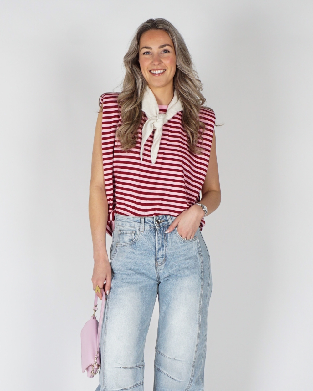 GESTREEPTE TOP SCHOUDERVULLING BORDEAUX/ROZE
