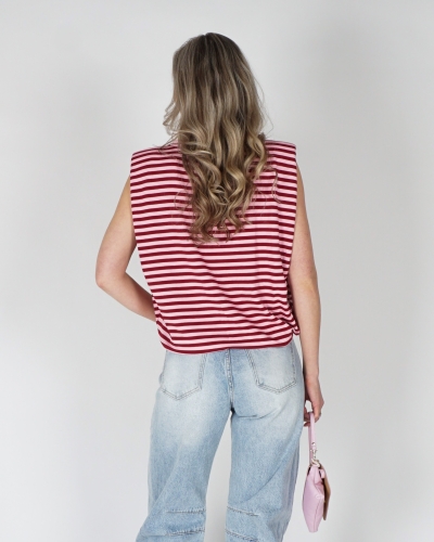 GESTREEPTE TOP SCHOUDERVULLING BORDEAUX/ROZE