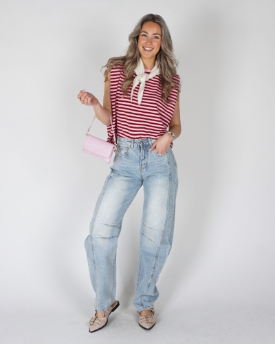 GESTREEPTE TOP SCHOUDERVULLING BORDEAUX/ROZE