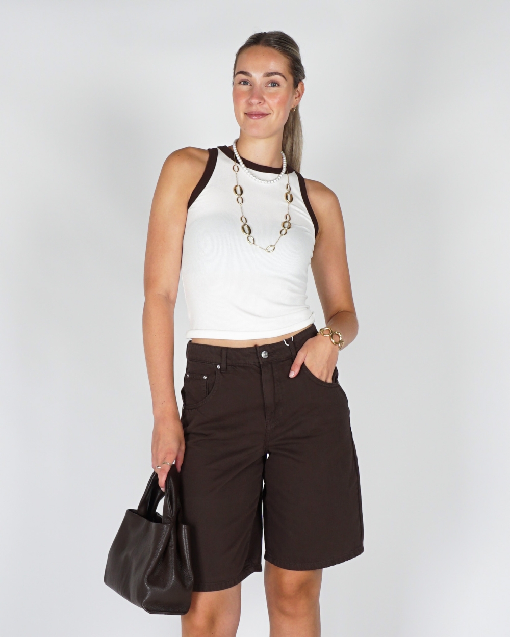 BASIC RIB TOP CONTRAST ECRU/BRUIN