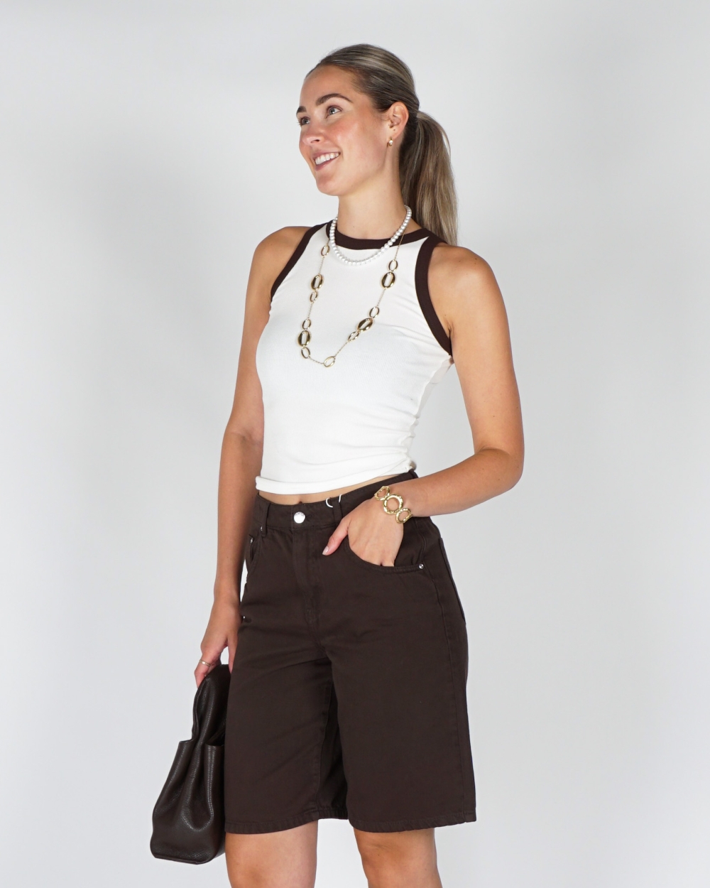 BASIC RIB TOP CONTRAST ECRU/BRUIN