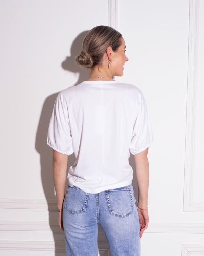 T-SHIRT RONDE HALS EN POFMOUW WIT