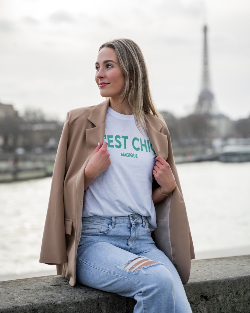 T-SHIRT C'EST CHIC WIT/GROEN