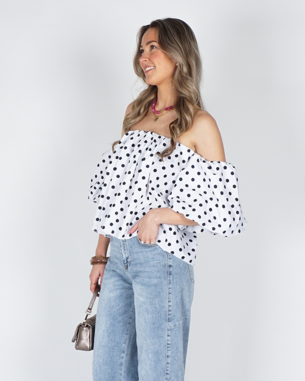 OFF SHOULDER POLKA DOT TOP WIT/ZWART