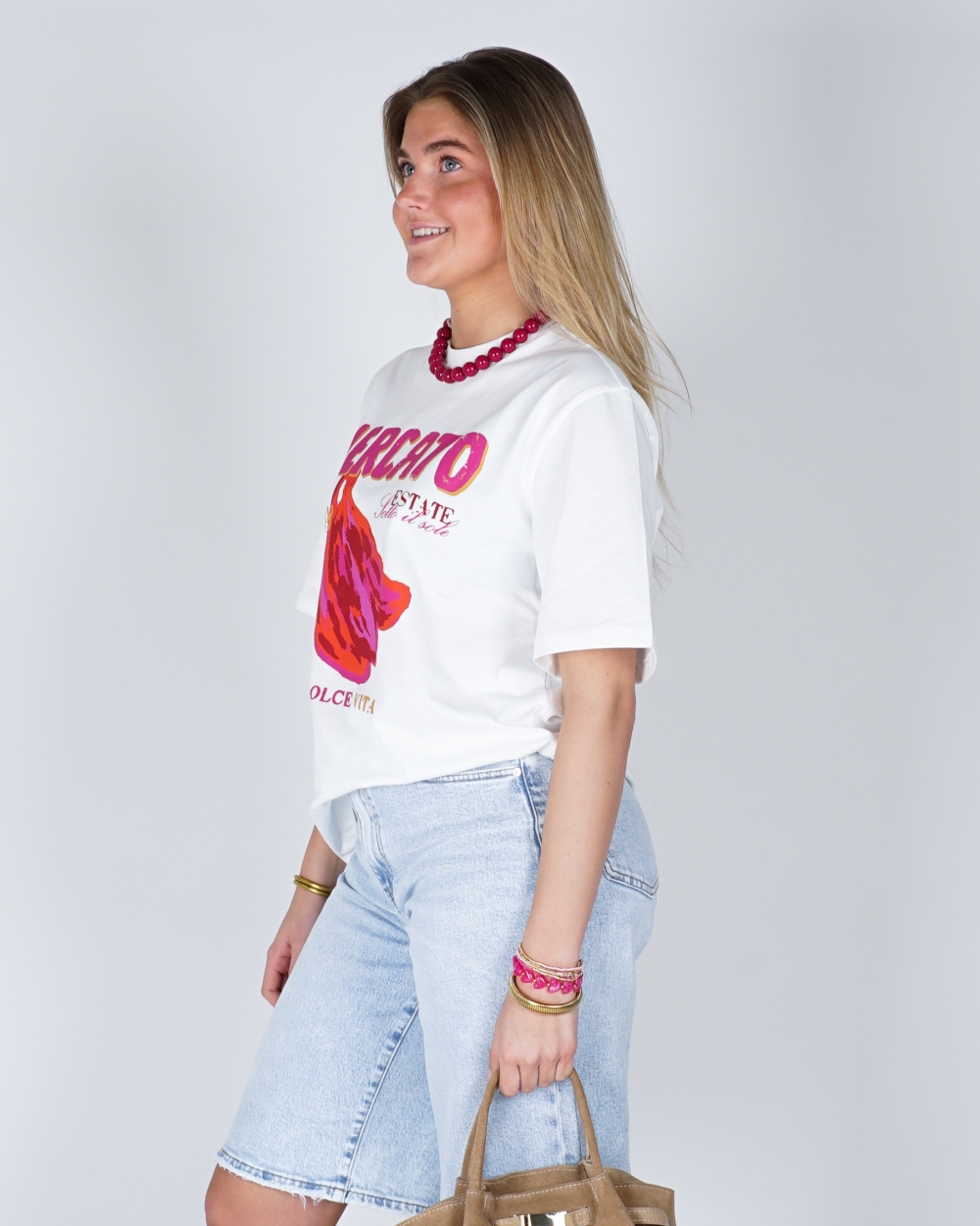 T-SHIRT MERCATO BANANA WIT/ROZE