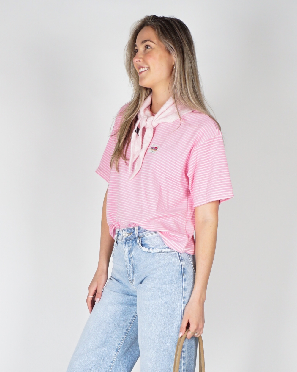 GESTREEPT BADSTOF T-SHIRT ROZE