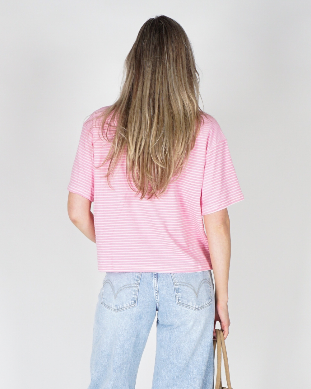 GESTREEPT BADSTOF T-SHIRT ROZE