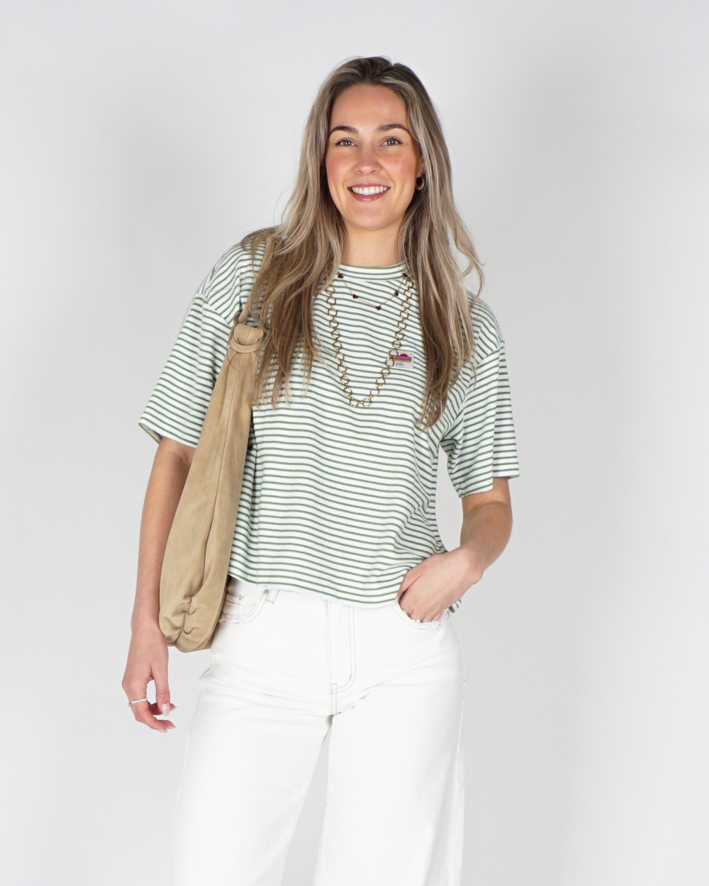 GESTREEPT BADSTOF T-SHIRT GROEN