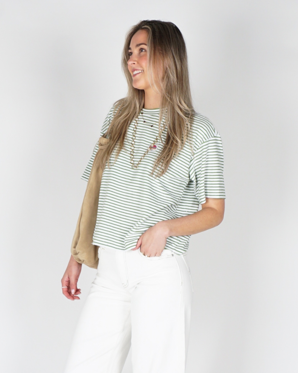 GESTREEPT BADSTOF T-SHIRT GROEN