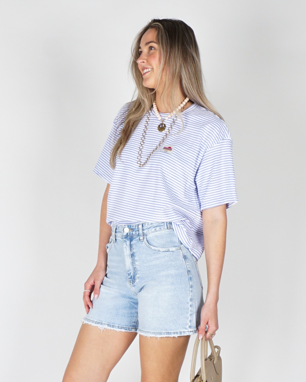 GESTREEPT BADSTOF T-SHIRT BLAUW