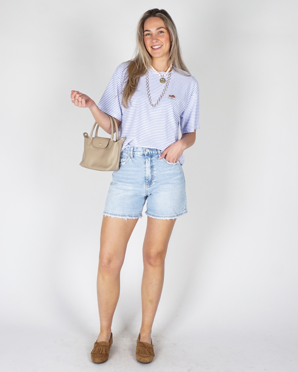GESTREEPT BADSTOF T-SHIRT BLAUW
