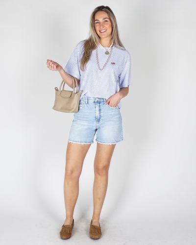 GESTREEPT BADSTOF T-SHIRT BLAUW