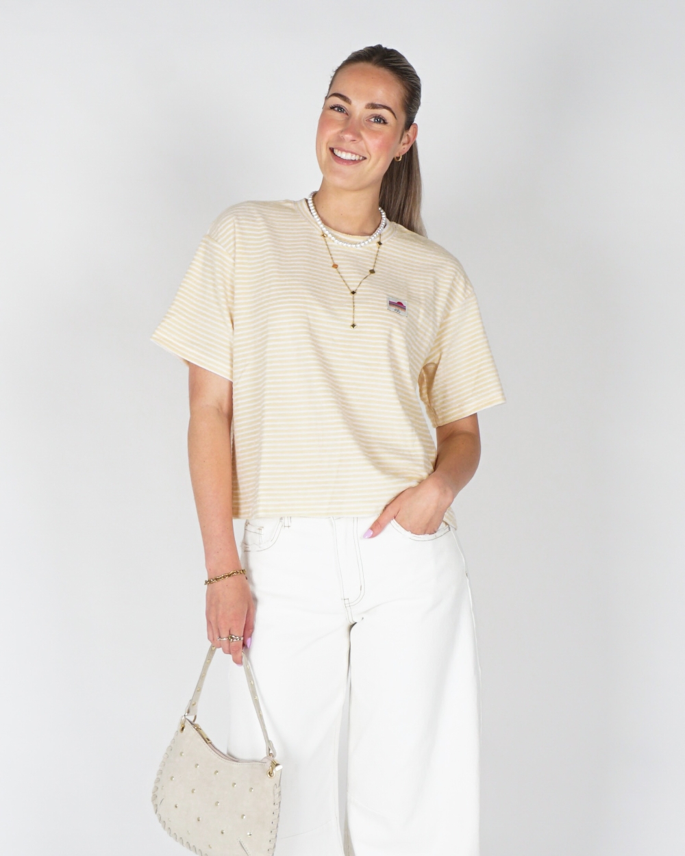 GESTREEPT BADSTOF T-SHIRT GEEL