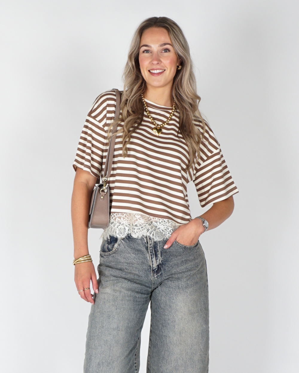 GESTREEPT SHIRT MET KANT TAUPE