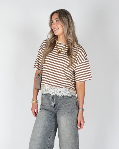 Gossip GESTREEPT SHIRT MET KANT TAUPE