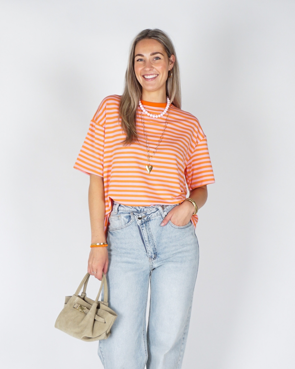 GESTREEPT T-SHIRT LOEWIE ORANJE ROZE