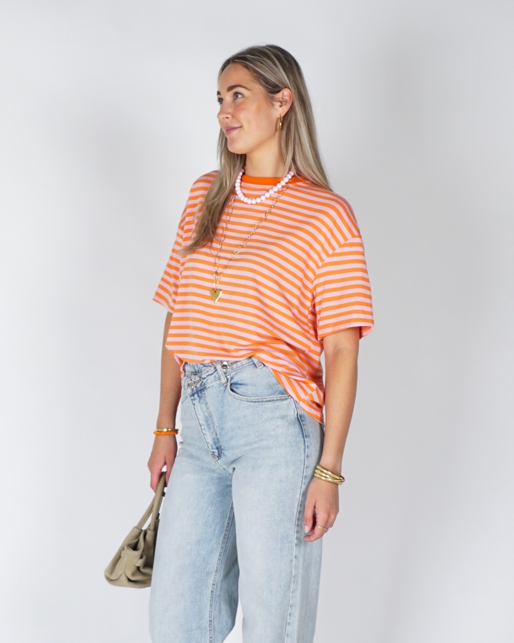 GESTREEPT T-SHIRT LOEWIE ORANJE ROZE