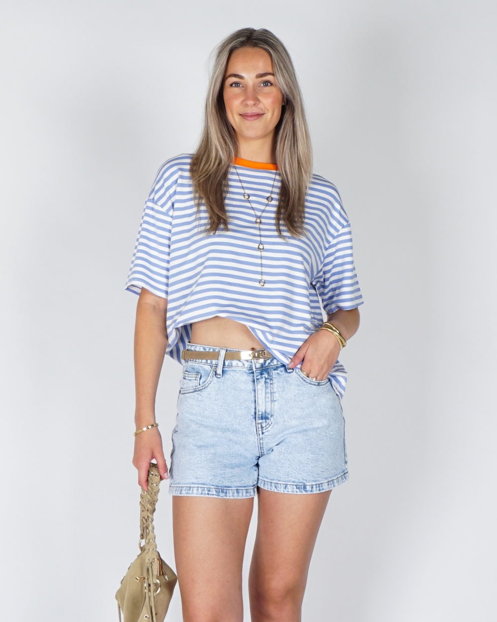 GESTREEPT T-SHIRT COLOURBLOCK BLAUW ORANJE