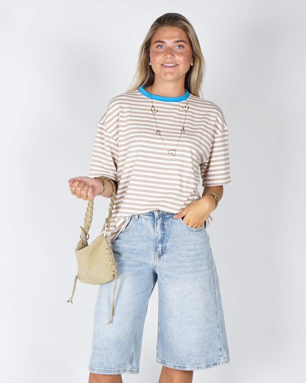 GESTREEPT T-SHIRT COLOURBLOCK BEIGE/BLAUW