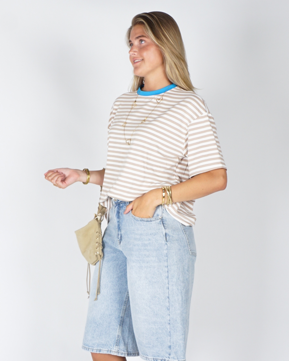 GESTREEPT T-SHIRT COLOURBLOCK BEIGE/BLAUW