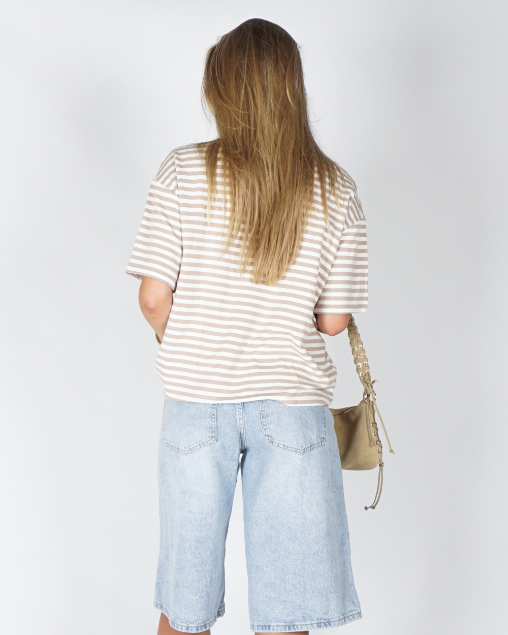 GESTREEPT T-SHIRT COLOURBLOCK BEIGE/BLAUW