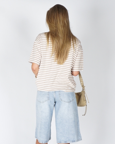 GESTREEPT T-SHIRT COLOURBLOCK BEIGE/BLAUW