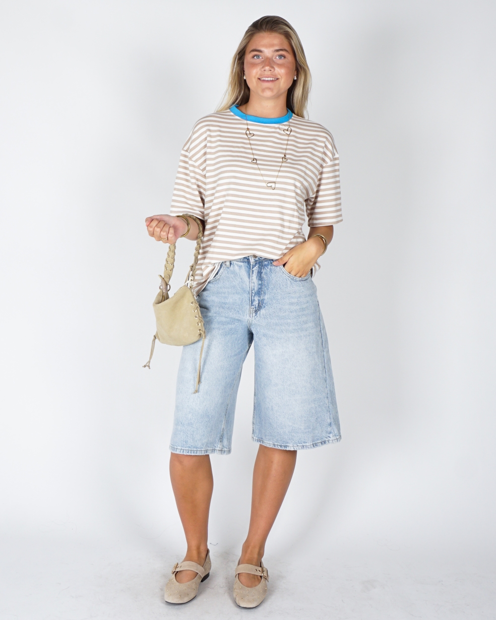 GESTREEPT T-SHIRT COLOURBLOCK BEIGE/BLAUW