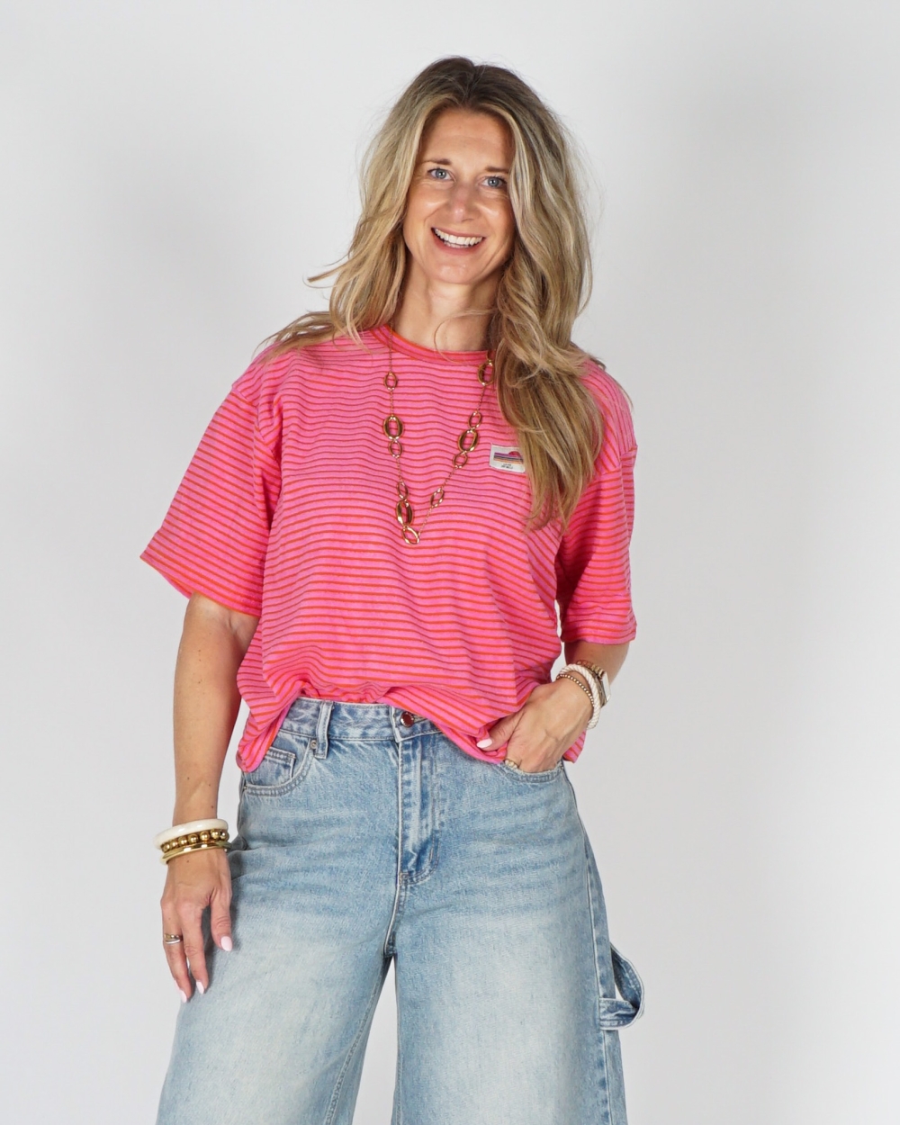 GESTREEPT BADSTOF T-SHIRT FUCHSIA