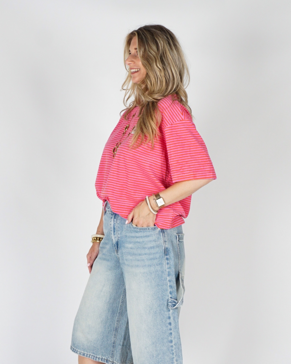 GESTREEPT BADSTOF T-SHIRT FUCHSIA