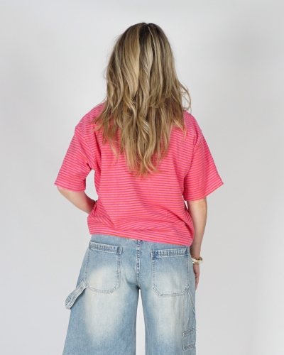 GESTREEPT BADSTOF T-SHIRT FUCHSIA