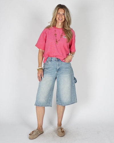 GESTREEPT BADSTOF T-SHIRT FUCHSIA