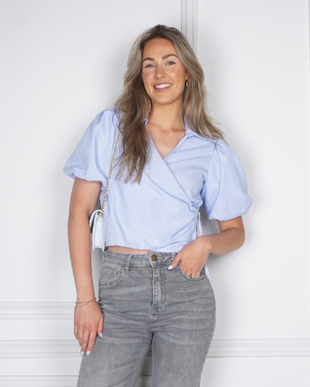 WIKKELBLOUSE STRIPE STRASS BLAUW