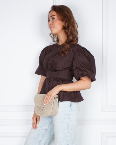 Gossip BLOUSE MET BALLONMOUW EN STRIK BRUIN