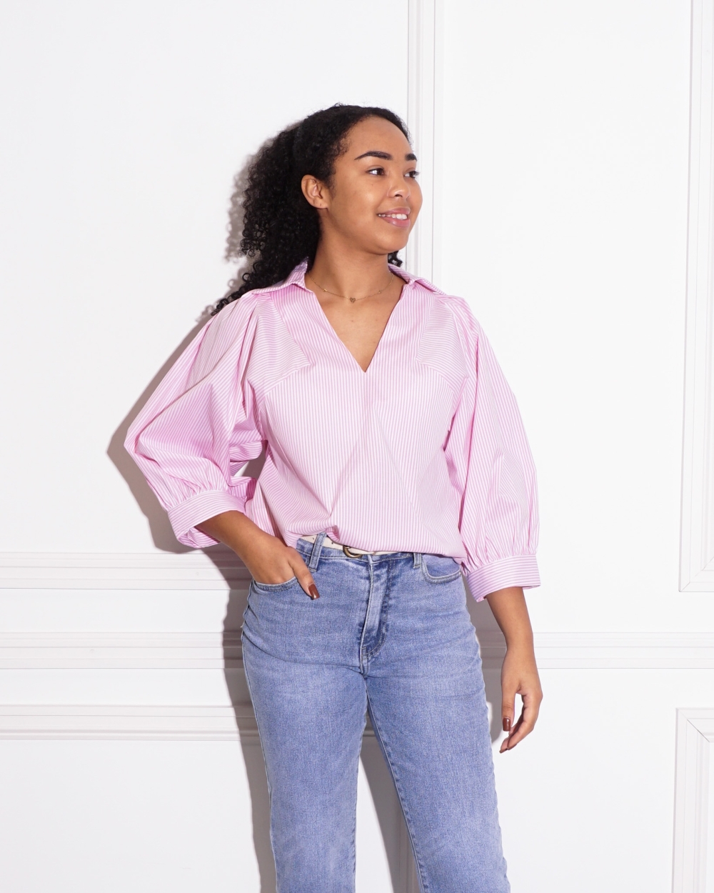 BLOUSE INEZ ROZE/WIT GESTREEPT