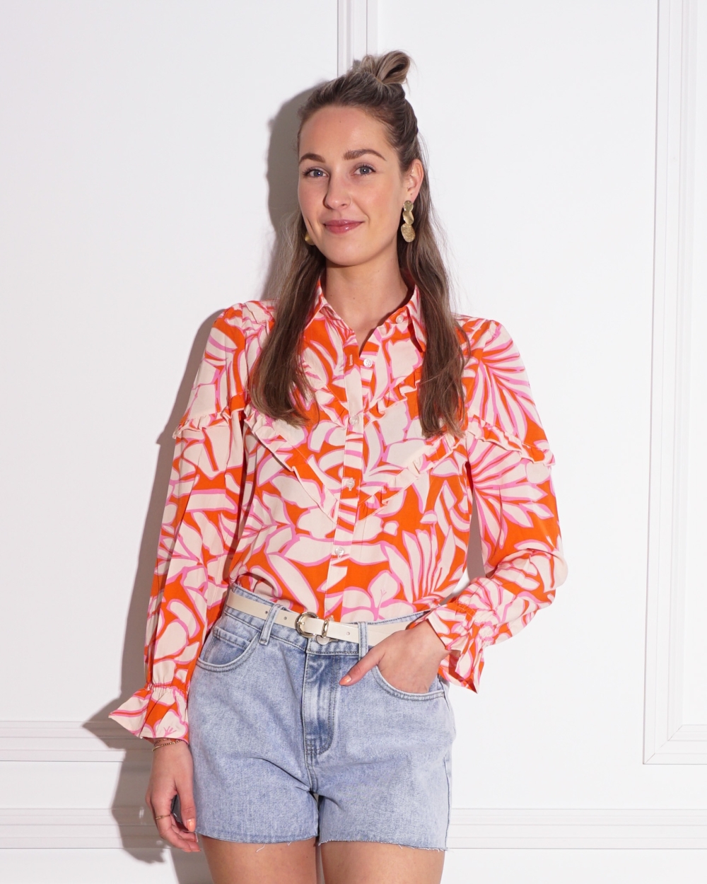 PRINT BLOUSE RUCHES ORANJE