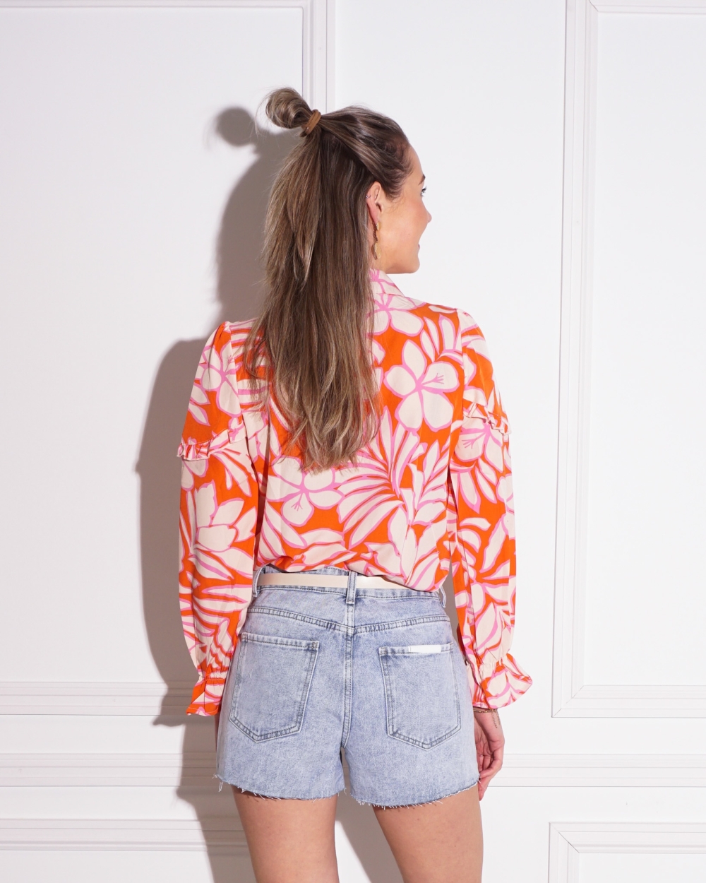 PRINT BLOUSE RUCHES ORANJE