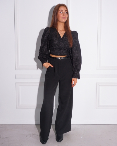 WIKKELBLOUSE FLOWER ZWART