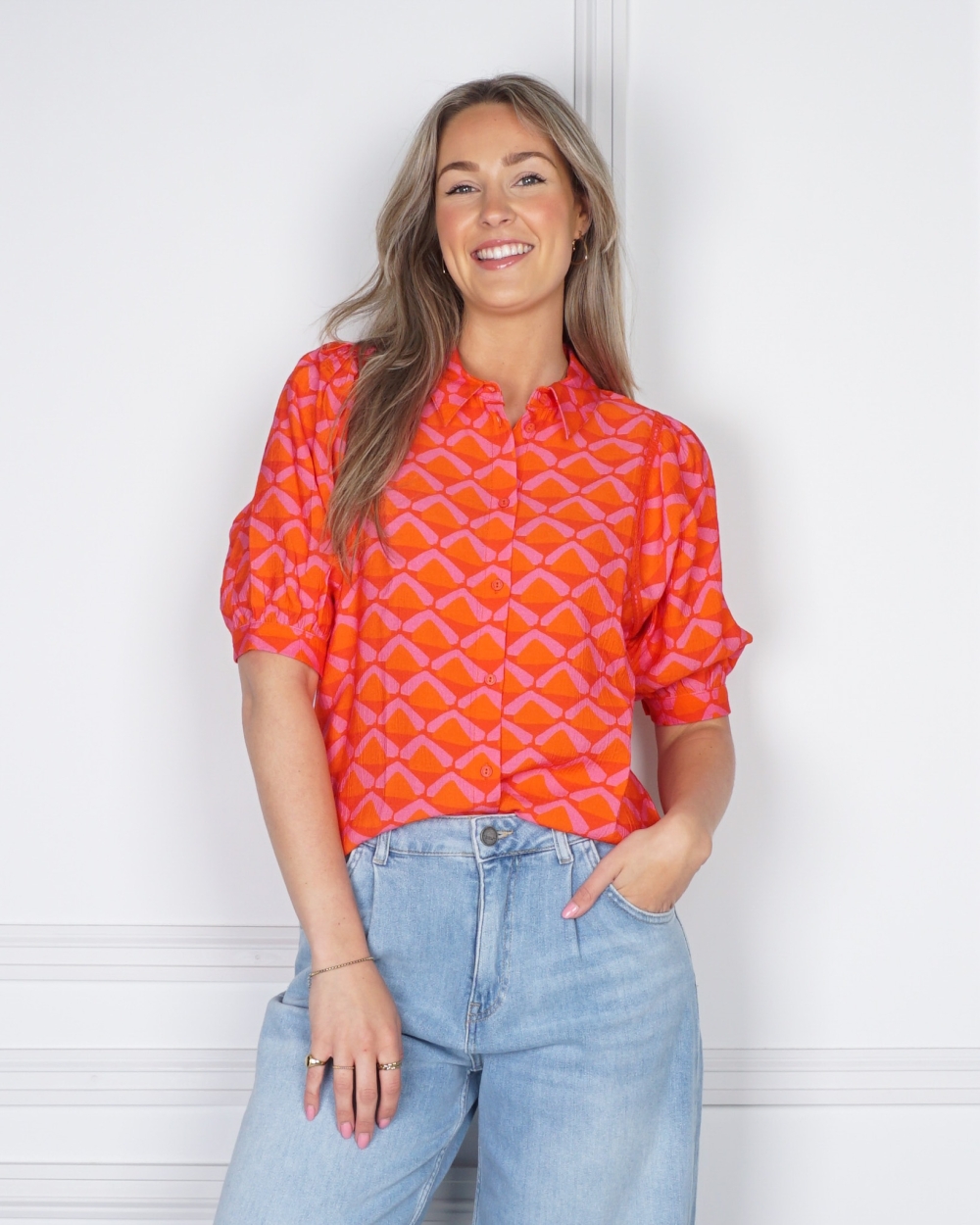 BLOUSE KORTE MOUW ROZE/ORANJE
